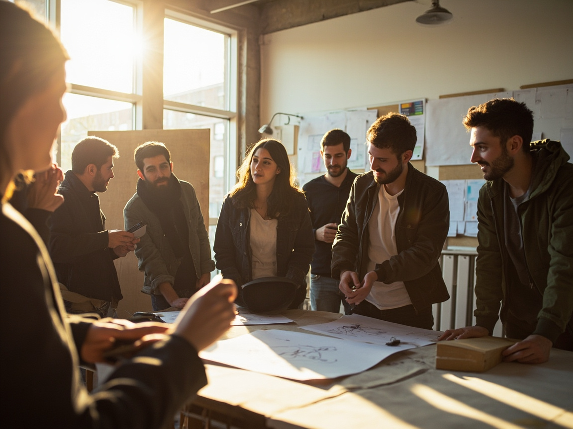 Editors and contributors in a sunlit studio