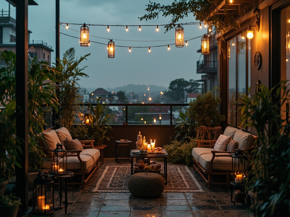 Rooftop terrace with lanterns and monsoon plants