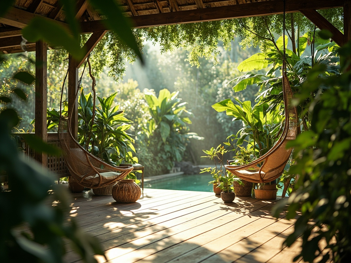 Wooden deck with hanging chairs surrounded by tropical foliage