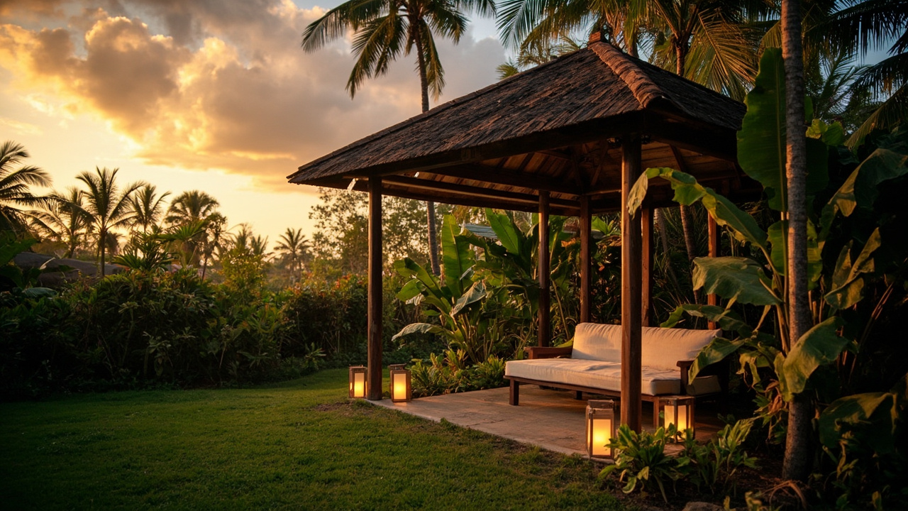 Garden gazebo at evening golden hour